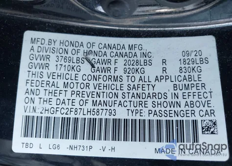2020 Honda Civic Sport from USA, damaged, VIN 2HGFC2F87LH587793
